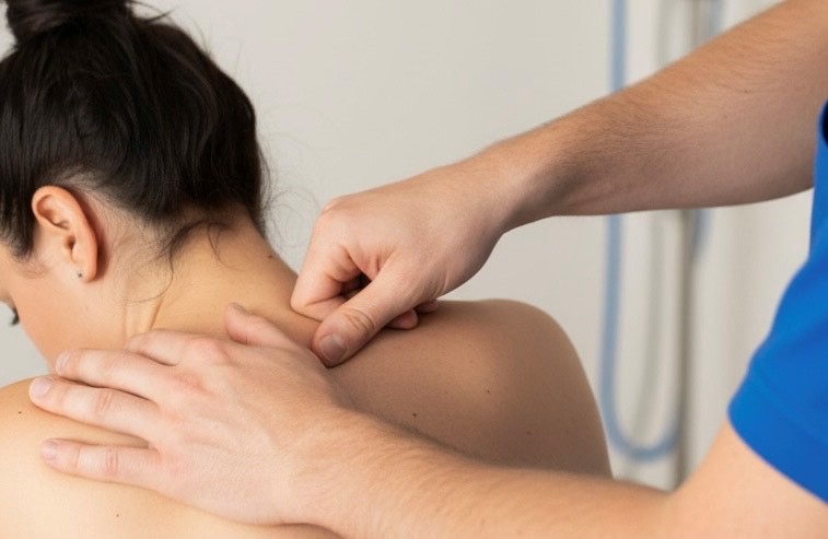 Physiotherapeut behandelt Schulterbereich eines Patienten