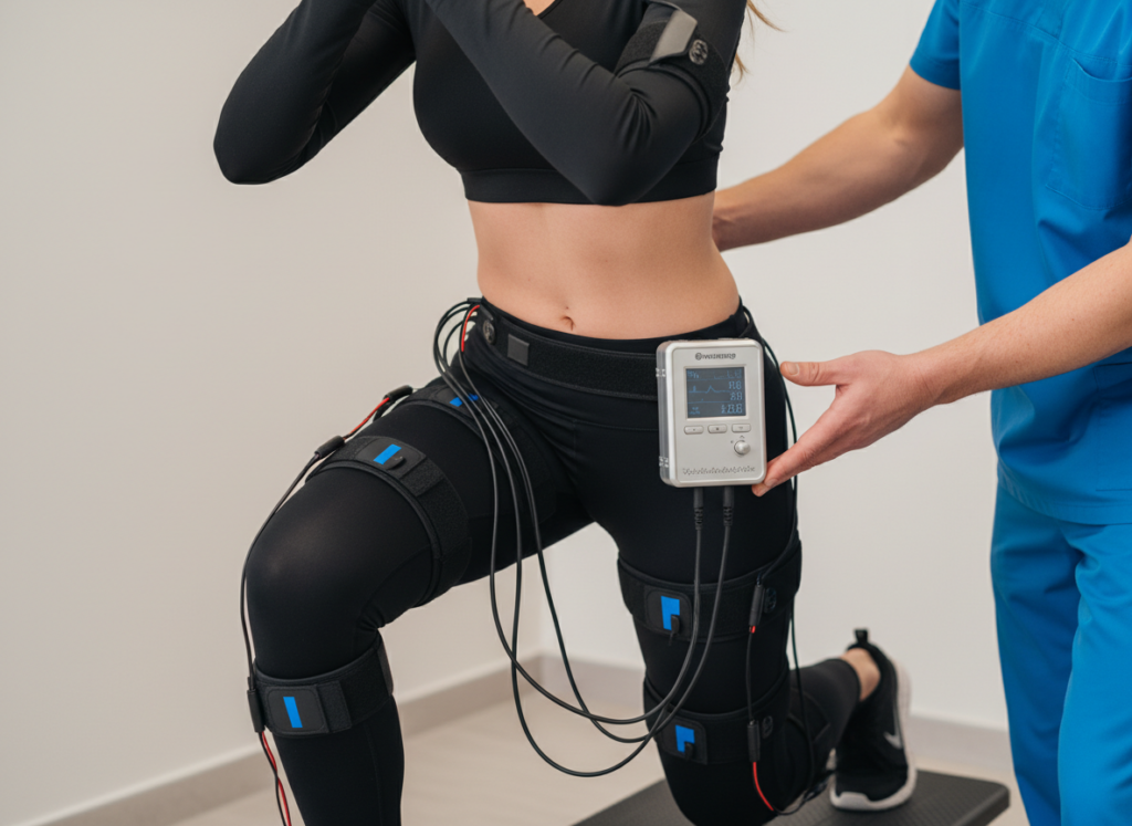 Frau beim EMS-Training mit Elektrodenanzug im Fitnessbereich